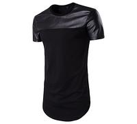 Mens Leather Patchwork Short Sleeve T-Shirt Fashion Irregular Hem Crew Neck Tee Shirts Summer Casual Pullover Top (Black,L)
