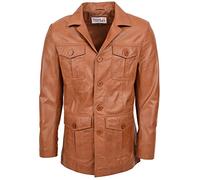 Mens Leather Reefer Jacket Classic Button Fastening Blazer Style Jerry (M, Tan)