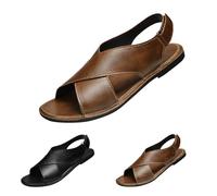 Mens Leather Sandals With Adjustable Strap Breathable Men's Hollow Out Open Toe Diabetic Sandals Lightweight Arch Support Slingback Flat Roman Sliders for Outdoor Walking