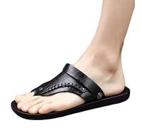 Men's Leather Sandals with Soft Rubber Sole Beach Flip-Flops Dual-Purpose Slippers Summer(Size:44 EU,Color:Black)