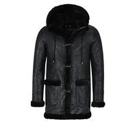Men's Leather Sheepskin Duffle Coat Hooded 100% Genuine Leather Coat Ivar F-42 (2XL, Black/Black)