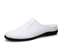 Mens Leather Slip-On Mules Comfortable Soft Backless Slippers Summer Casual Walking Driving Sandals Half Loafers (White,7)