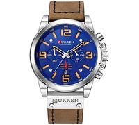 Mens Leather Strap Watches Chronograph Classic Black Casual Dress Stainless Steel Case Waterproof Date Analog Quartz Multifunction Military Watch (Silver/Blue)
