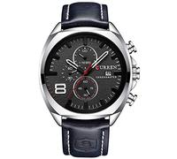 Mens Leather Strap Watches Classic Casual Dress Silver Stainless Steel Waterproof Chronograph Date Analog Quartz Watch (Silver/Black), Silver/Black, sports