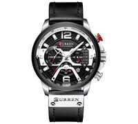 Mens Leather Watch Chronograph Fashion Military Multi-Function Waterproof Quartz Watch Leather Strap (Silver)