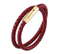 Mens Leather Wrap Bracelet Double Layer Braided Band Wristband With Magnetic Clasp Gothic Viking Jewellery Father'S Day For Dad Husband Boyfriend Red 20.5Cm