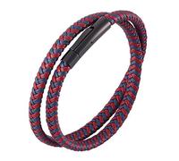 Mens Leather Wrap Bracelet Double Layer Leather Cord Wristband With Magnetic Clasp Gothic Viking Jewellery Father'S Day For Dad Husband Boyfriend Blue Red 16.5Cm