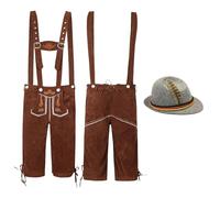 Mens Lederhosen with Suspenders, Costume Men Cowhide Suede Leather Matching Suspenders Bavarian Shorts Beer Costume, Halloween Dress Up Costumes Oktoberfest Hat Short (2-Light Gray,L)