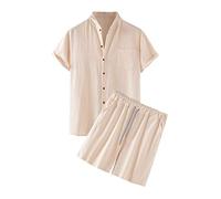 Men's Leisure Suit, Summer 2-Piece Outfit, Cotton Linen Short Trousers Set, Plain T-Shirts + Shorts Suit, Running Suit, Elastic and Quick-Drying Men's Sports Suit, Short, 2XL, khaki, S