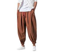 Men's Leisure Trousers, Cotton, Linen, Harem, Aladdin, Loose, Retro, Summer, Japanese, Monocolour, Lace-up, Casual, Yoga, Goa, Dance, Beach, Pilates, Sarouel, coffee, 4XL