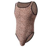 Men's Leopard Bodysuit, Soft Sleeveless Slim-fit One Piece Jumpsuits for Men, Breathable Tight Undershirts for Workout Running Sports, Stretch Leopard Print Wrestling Singlet Leotard Top for Party