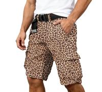 Men's Leopard Print Cargo Shorts, Multi Pocket Casual Work Shorts, Relaxed Fit Knee Length Utility Pants for Daily, Street Outdoor Use Khaki