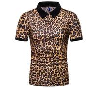 Men's Leopard Print Polo Shirt, Short Sleeve Casual Button Down Retro Cheetah Printed T-Shirt, Regular Stand Collar Golf Tennis Tops, Classic Slim Fit Basic Summer Blouse for Business Sports Athletic