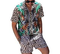 Men's Leopard Print Suit Fashion Casual Printed Shirt Set Casual Loose Fashion Short Sleeve Shorts Two Piece Set