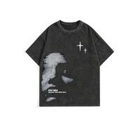 Men's Letter Graphic T Shirts Oversized Drop Shoulder Short Sleeve Vintage Streetwear Crew Neck Casual Tee Top, Black, Large
