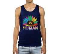 Mens LGBTQ Pride Vest with Human Text & Rainbow Sunflower Print Gay Bisexual Transgender Lesbian Pansexual Festival Gift, M, Navy
