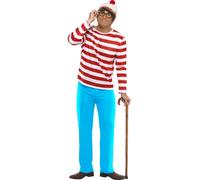 Smiffys Where's Wally Costume, Adults Red & White Top, Trousers, Hat & Glasses, Official License Outfit with Elasticated Trouser Waist, Perfect for Themed Parties or World Book Day or Halloween