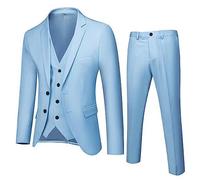 Men's light blue slim fit suit set, three-piece blazer, waistcoat and trousers, formal wear for weddings and business, tailored fit, modern groom attire, available in beige, burgundy, grey