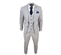 Mens Light Grey 3 Piece Suit Navy Blue Check Velvet Trims Wedding Tailored Fit Classic - Grey 42