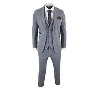 TruClothing STZ11 - Men's Light Grey 3 Piece Tweed Suit Herringbone Wool - 50" Jacket 44" Trousers