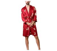 Men's Lightweight Thin Dressing Gown Summer Satin Short Sauna Gown Japanese Kimono Robe Long Sleeve Bathrobe Pyjamas Sleepwear Satin Nightdress House Coat Gifts for Men, Wine Red, 5X-Large
