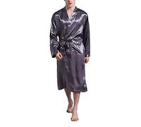 Men's Lightweight Thin Satin Dressing Gown Summer Lightweight Sauna Gown Long Sleeve Long Robe with Belt House Coat Summer Sleepwear Silk Pyjamas Kimono Sleepwear Gifts for Men, gray, XL