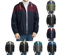 Mens Lightweight Waterproof Jacket Autumn Rain Jacket with Hood Windproof Showerproof Raincoat Colour Blocking Classic Fit Windbreaker Walking Hiking Travel Coat for Men