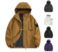 Mens Lightweight Waterproof Jacket Windproof Outdoor Jackets with Hood Multi Pocket Baggy Work Jacket Solid Colour Breathable Windbreaker Autumn Hiking Walking Coats S-5XL