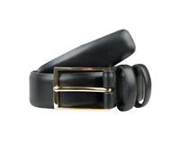 Men's Lined Leather Belt with Shiny Gold Buckle - BLACK / M