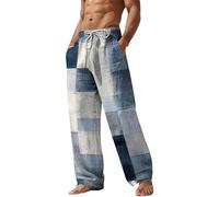 Mens Linen Beach Pants, Colorblocked Drawstring Hawaii Yoga Trousers with Novelty Print, Elastic Waist Summer Straight Leg Pants, Loose Fit Light Beach Joggers Hippie Long Pant with Pockets Sky Blue
