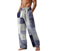 Mens Linen Beach Pants, Colorblocked Drawstring Hawaii Yoga Trousers with Novelty Print, Elastic Waist Summer Straight Leg Pants, Loose Fit Light Beach Joggers Hippie Long Pant with Pockets White