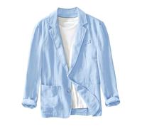 Men's Linen Blazer Jacket, Business Office Blazer, Turn-Down Collar Solid Color Blazer Jacket, Loose Simple Versatile Suit Jacket Casual Sport Coat Top Two Button Down with Double Pockets Light Blue