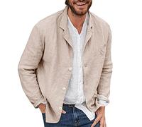 Mens Linen Blazer Summer Lightweigh Casual Notch Lapel Sports Coat Solid Color Turn Down Collar Button Down Shirt(Khaki,X-Large)