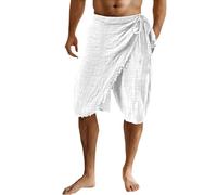 Men's Linen Blend Wrap Sarong Skirt 3/4 Length Relaxed Fit Elasticated Waist Tie Beach Harem Shorts Casual Lounge Pants Viking Costume Leisure Wear with Raw Fringe Hem (White, XL)