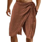 Men's Linen Blend Wrap Sarong Skirt 3/4 Length Relaxed Fit Elasticated Waist Tie Beach Harem Shorts Casual Lounge Pants Viking Costume Leisure Wear with Raw Fringe Hem (Coffee, L)