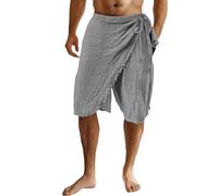 Men's Linen Blend Wrap Sarong Skirt 3/4 Length Relaxed Fit Elasticated Waist Tie Beach Harem Shorts Casual Lounge Pants Viking Costume Leisure Wear with Raw Fringe Hem (Grey, L)