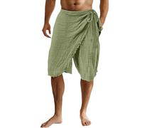 Men's Linen Blend Wrap Sarong Skirt 3/4 Length Relaxed Fit Elasticated Waist Tie Beach Harem Shorts Casual Lounge Pants Viking Costume Leisure Wear with Raw Fringe Hem (Green, XXXL)