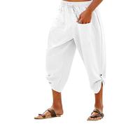 Mens Linen Capri Pants Harem Drawstring 3/4 Pants Cotton Casual Beach Yoga Hippie Thai Shorts Elastic Waist Comfortable Breathable Casual Holiday Cropped Trousers White