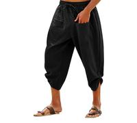 Mens Linen Capri Pants Harem Drawstring 3/4 Pants Cotton Casual Beach Yoga Hippie Thai Shorts Elastic Waist Comfortable Breathable Casual Holiday Cropped Trousers Black