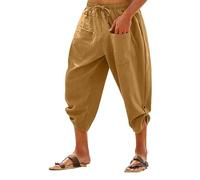 Mens Linen Capri Pants Harem Drawstring 3/4 Pants Cotton Casual Beach Yoga Hippie Thai Shorts Elastic Waist Comfortable Breathable Casual Holiday Cropped Trousers Yellow