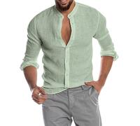 Men's Linen Cotton Henley Shirt Casual Long Sleeve Button Down Summer and Autumn Beach Vacation Travel Shirts Fashionable and Lightweight Solid Color Trip Holiday Hippie Yoga Camping Tee Tops Green