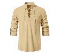 Men's Linen Cotton Shirt Cosplay Viking Pirate Steampunk Vampire Renaissance Gothic Victorian Clothing Beige 4XL