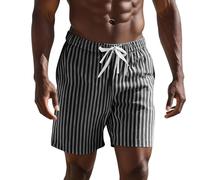 Mens Linen Cotton Shorts with Pockets Striped Summer Shorts Elastic Waist Drawstring Loose Fit Thin Breathable Casual Fifth Pants Solid Colour Lightweight Beach Lounge Bottoms for Men with Belt Loops