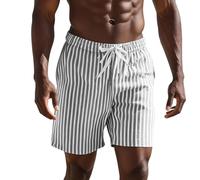 Mens Linen Cotton Shorts with Pockets Striped Summer Shorts Elastic Waist Drawstring Loose Fit Thin Breathable Casual Fifth Pants Solid Colour Lightweight Beach Lounge Bottoms for Men with Belt Loops