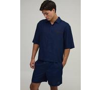 Men's Linen Embroidered French Riviera Oversized Boxy Shirt & Baggy Shorts Set | Navy | Size Small | BOOHOOMAN