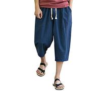 Men's Linen Harem Capri Pants Lightweight Loose 3/4 Shorts Drawstring Elastic Waist Casual Beach Yoga Trousers (Navy, L)