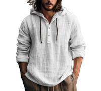 Men's Linen Hooded Shirt - Long Sleeve Button Up, Regular Fit, Cotton-Blend Fabric, Lightweight Beach Shirt for Warm-Weather Leisure White