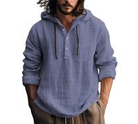 Men's Linen Hooded Shirt - Long Sleeve Button Up, Regular Fit, Cotton-Blend Fabric, Lightweight Beach Shirt for Warm-Weather Leisure Navy