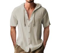 Mens Linen Hoodie Shirt Mens Plain Thin Hoodie Short Sleeve Button Down T Shirts Casual Beach Hoodies Breathable Holiday Clothes With Drawstring Hooded Office Shirts Loose Fit Collar Shirt