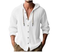 Mens Linen Hoodies Clearance,Men Lapel Long Sleeve Button Down Linen Shirt Summer Solid Color Breathable Drawstring Hooded Cardigan Office Casual Loose Blouses Holiday Clothes Tops UK Size S-3XL